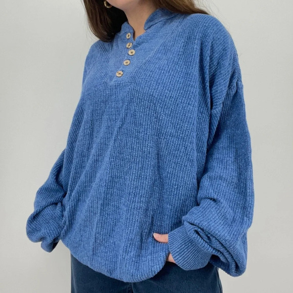vintage granola girl henley pullover sweater gorpcore sky blue size XL